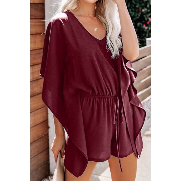 Born To Fly Kimono Style Wine Red Romper - Picture 2 of 6